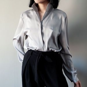 Vintage Top Button Long Sleeve Blouse Grey